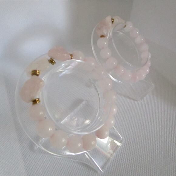 Vintage Rose Quartz Bracelet Set Stretch Elastic Pink Stone Beads Boho Luxe Glam - Picture 1 of 16